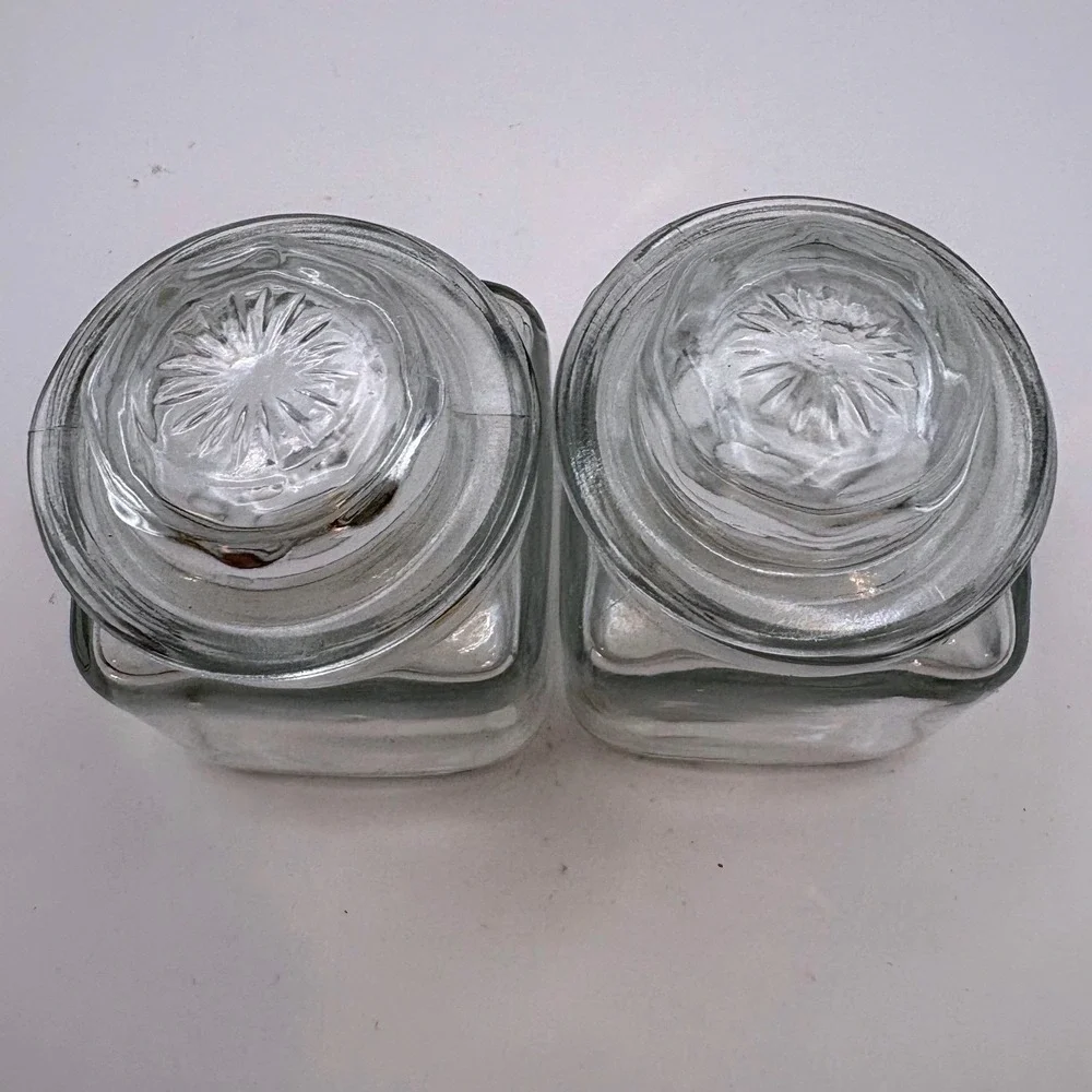 2 Vtg Anchor Hocking Mini Square Glass Canisters Starburst Glass-On-Glass Lids
